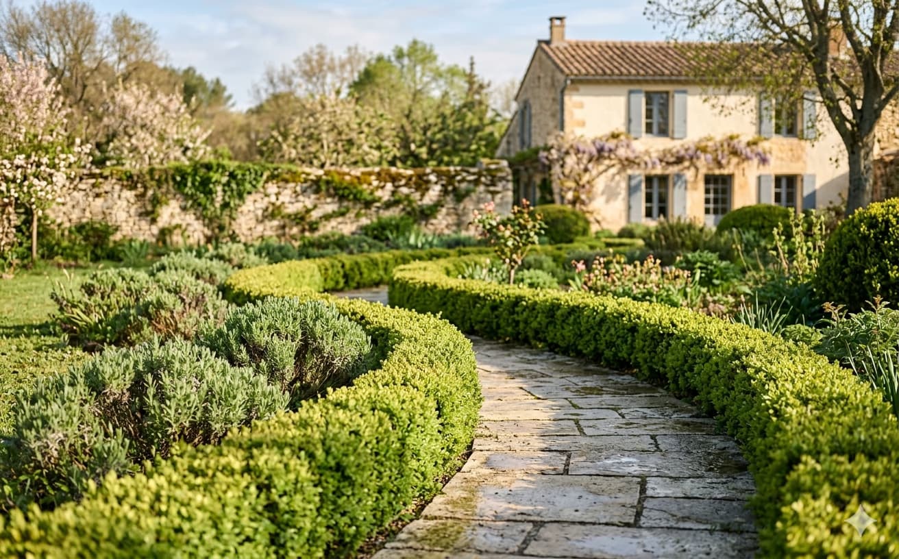 Réalisation paysagère type Versailles : terrasse en pierre bleue, buis taillés et plantations de lavandes.